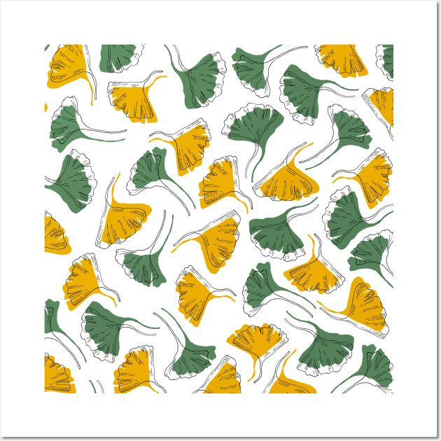 Ginkgo Biloba leaves pattern offset - Green and Yellow Wall Art by PrintablesPassions